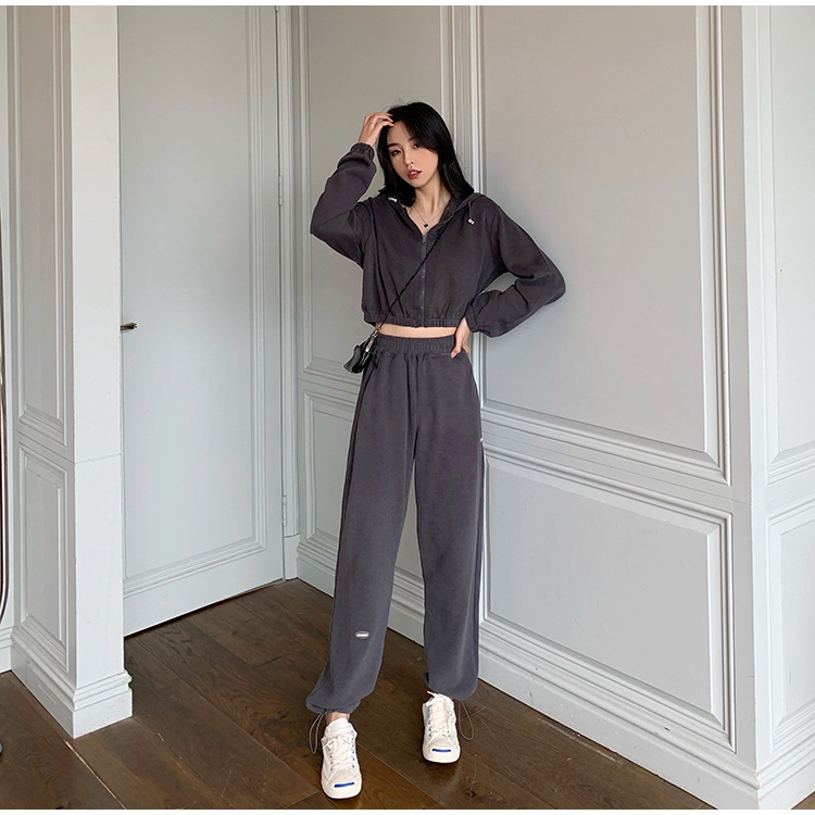 Real Shot Cost-Effective Korean Style Women's Retro Loose Hooded Sweater Waist-Tight Hoodie + Sports Trousers Casual Suit Real Shot Cost-Effective Korean Style Women's Retro Loose Hooded Sweater Waist-Tight Hoodie + Sports Trousers Casual Suit