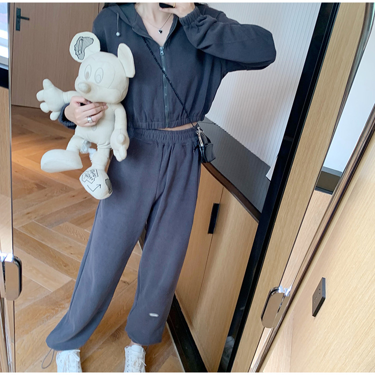 Real Shot Cost-Effective Korean Style Women's Retro Loose Hooded Sweater Waist-Tight Hoodie + Sports Trousers Casual Suit Real Shot Cost-Effective Korean Style Women's Retro Loose Hooded Sweater Waist-Tight Hoodie + Sports Trousers Casual Suit