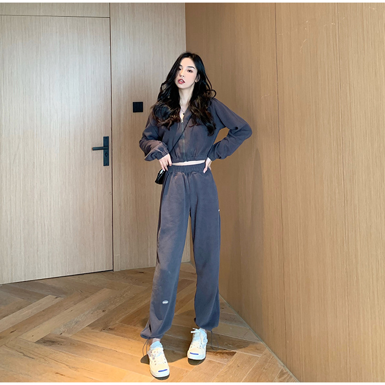 Real Shot Cost-Effective Korean Style Women's Retro Loose Hooded Sweater Waist-Tight Hoodie + Sports Trousers Casual Suit Real Shot Cost-Effective Korean Style Women's Retro Loose Hooded Sweater Waist-Tight Hoodie + Sports Trousers Casual Suit