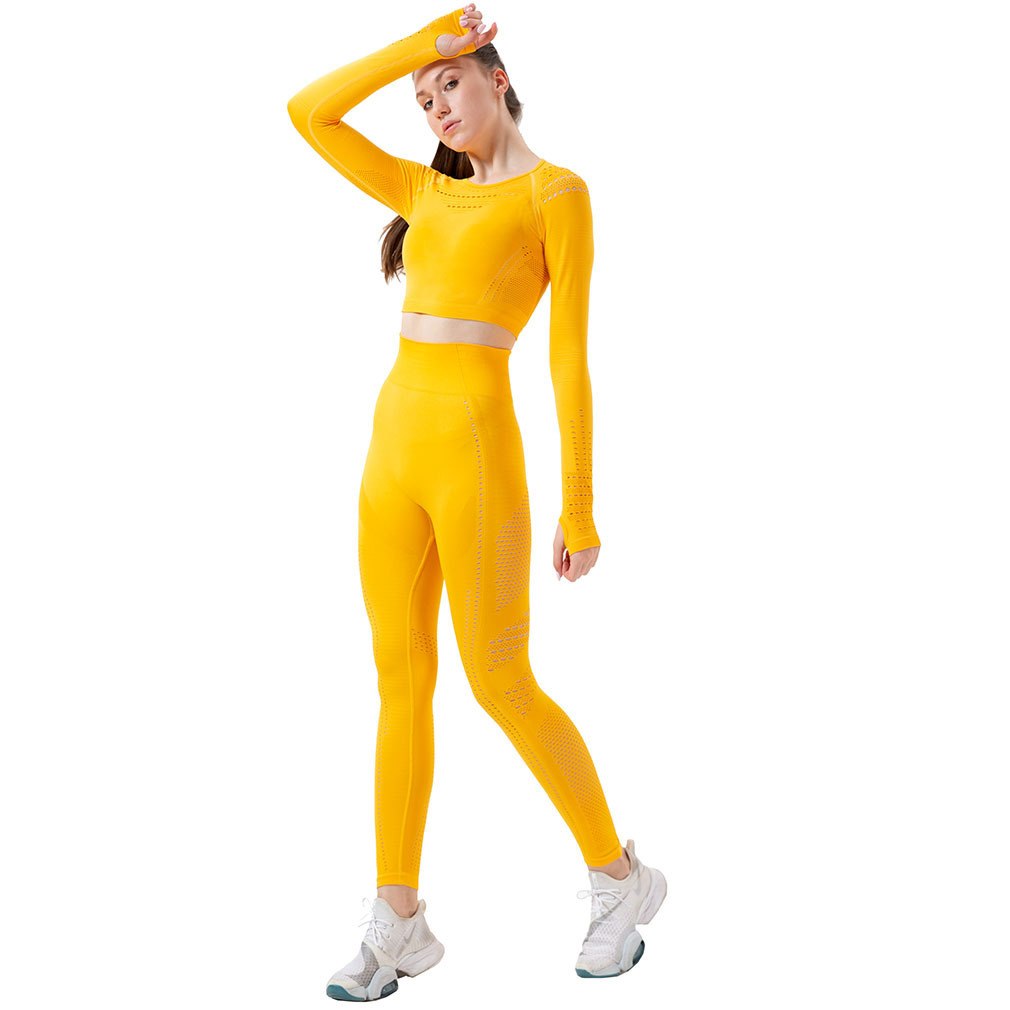 Spot European and American Yoga Exercise Suit Hollow Breathable Tight Clothes Women's Running Workout Long Sleeve Trousers Two-Piece Set