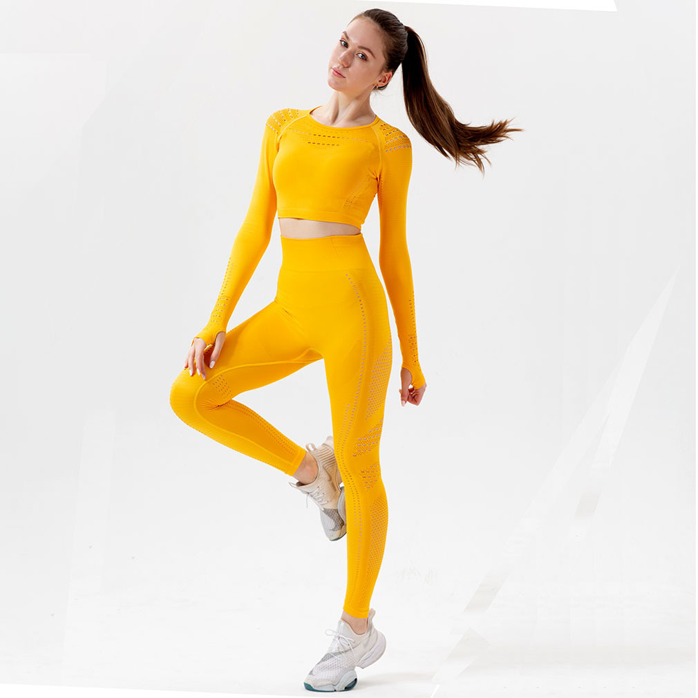 Spot European and American Yoga Exercise Suit Hollow Breathable Tight Clothes Women's Running Workout Long Sleeve Trousers Two-Piece Set