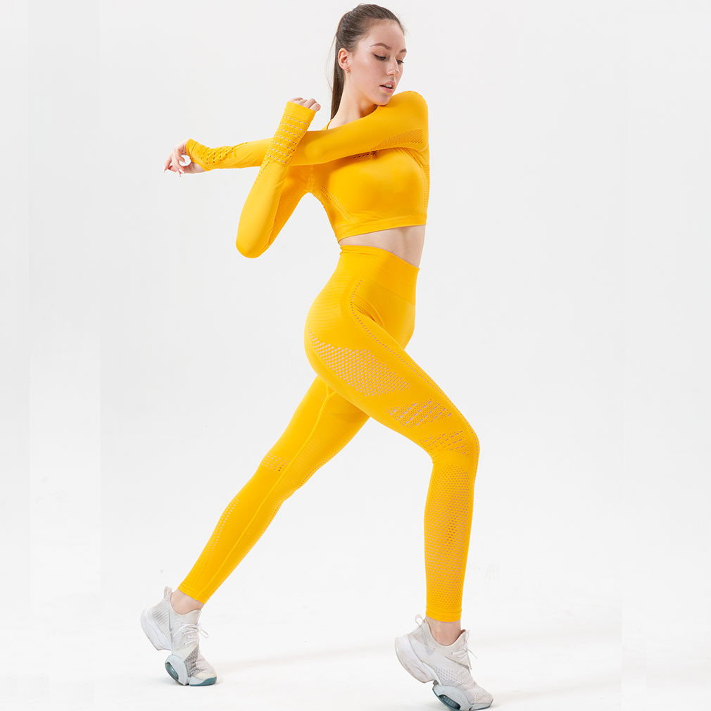 Spot European and American Yoga Exercise Suit Hollow Breathable Tight Clothes Women's Running Workout Long Sleeve Trousers Two-Piece Set