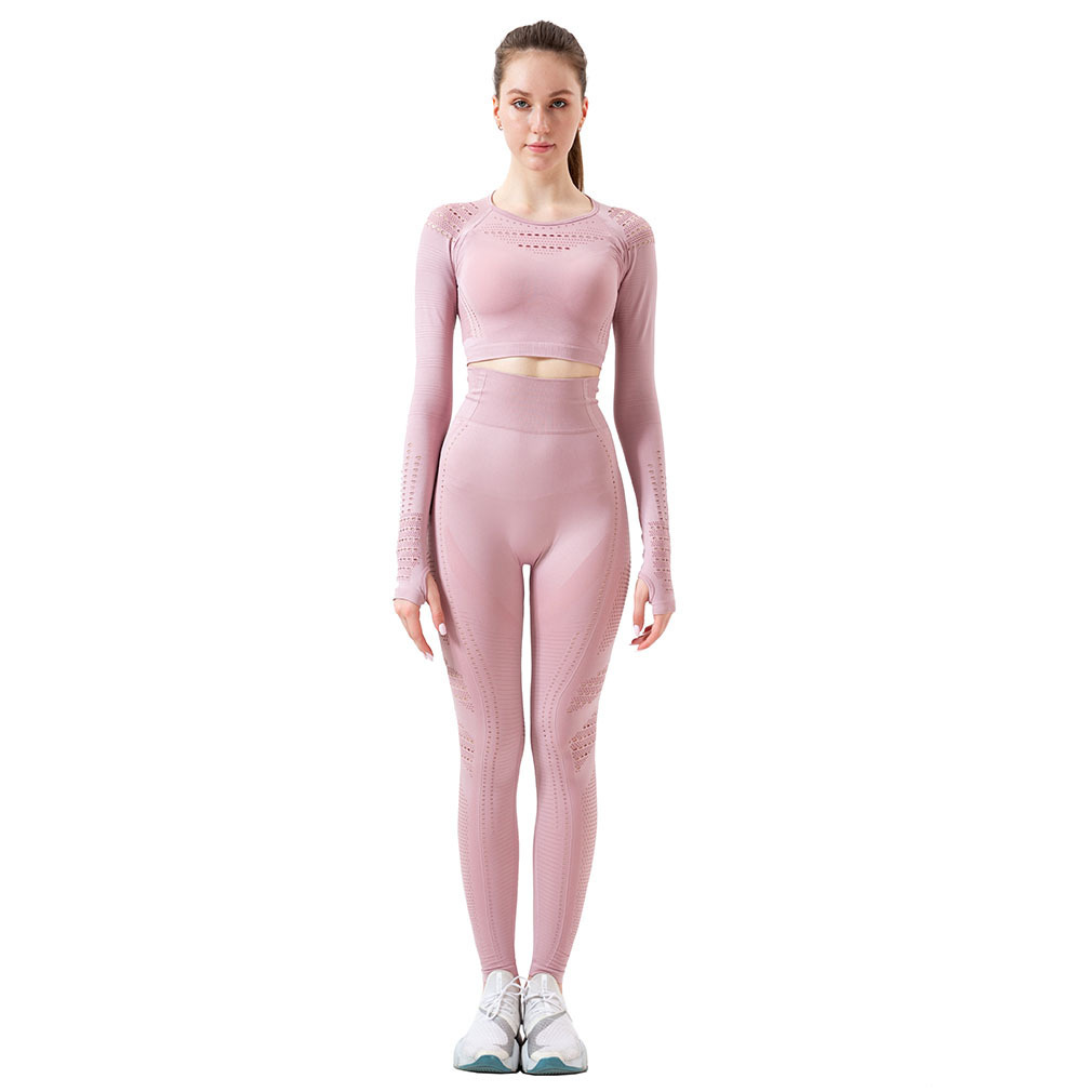 Spot European and American Yoga Exercise Suit Hollow Breathable Tight Clothes Women's Running Workout Long Sleeve Trousers Two-Piece Set