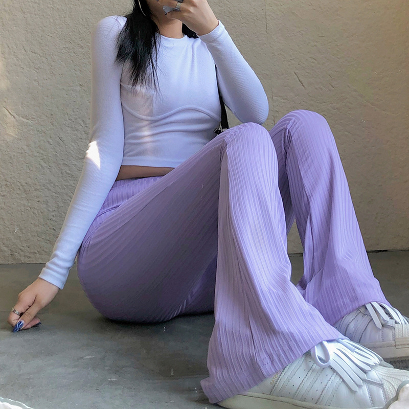 European and American Style 2021 New Women's Pants Fashion Pure Color Tight High-Waisted Boot-Cut Pants Women's Stretch Bottoming Casual Trousers