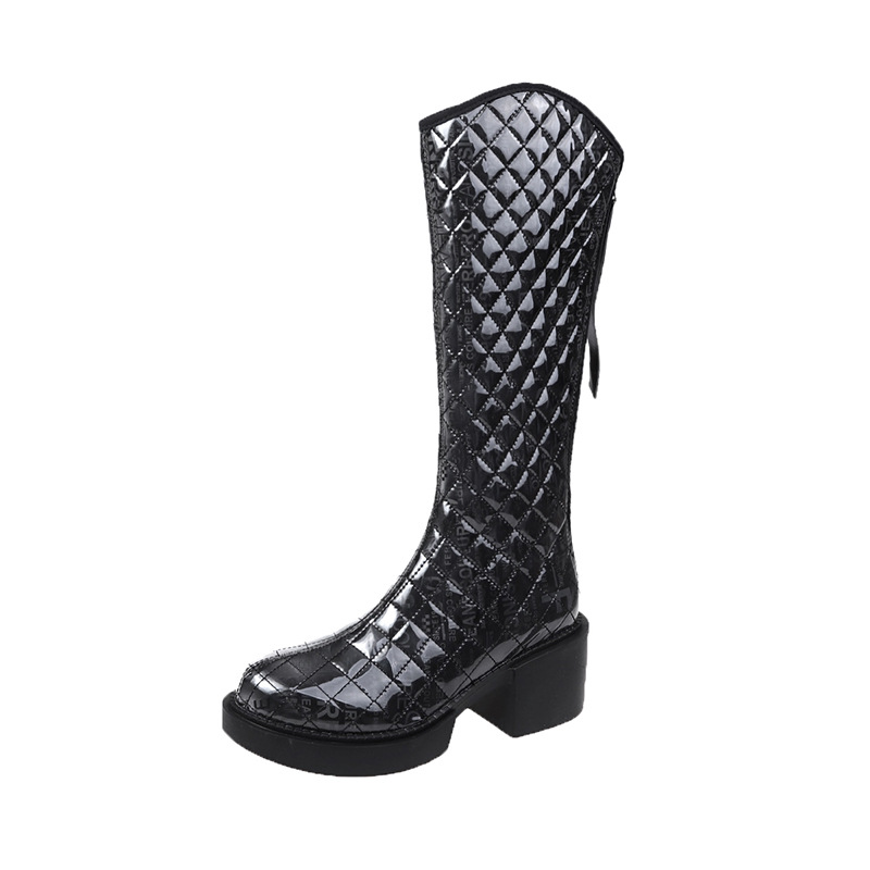 2021autumn and Winter New Fashion Korean Style round Head Chunky Heel High Leg Boot Internet Celebrity Back Zipper below the Knee Boots