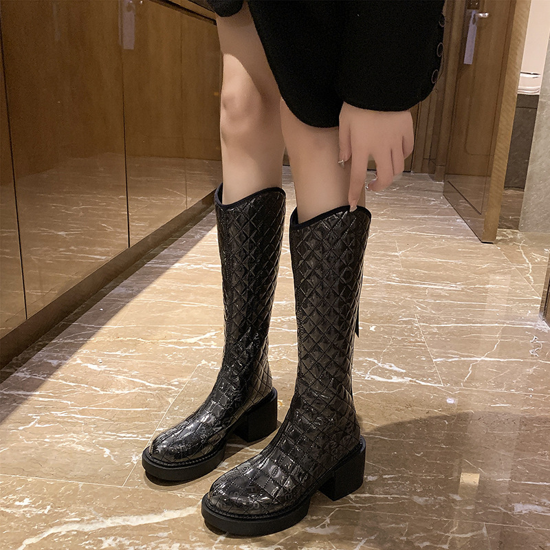 2021autumn and Winter New Fashion Korean Style round Head Chunky Heel High Leg Boot Internet Celebrity Back Zipper below the Knee Boots