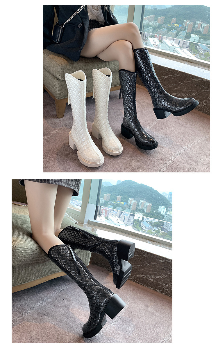 2021autumn and Winter New Fashion Korean Style round Head Chunky Heel High Leg Boot Internet Celebrity Back Zipper below the Knee Boots