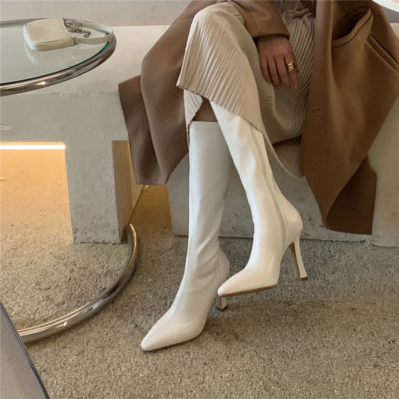 INS Commuting Figure Flattering Springy Thigh Boot below the Knee European and American Super High Heel Pointed Single-Layer Boots Side Zipper Martin Boots