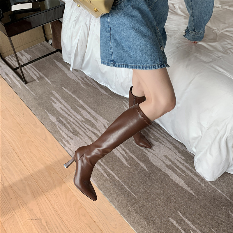 INS Commuting Figure Flattering Springy Thigh Boot below the Knee European and American Super High Heel Pointed Single-Layer Boots Side Zipper Martin Boots