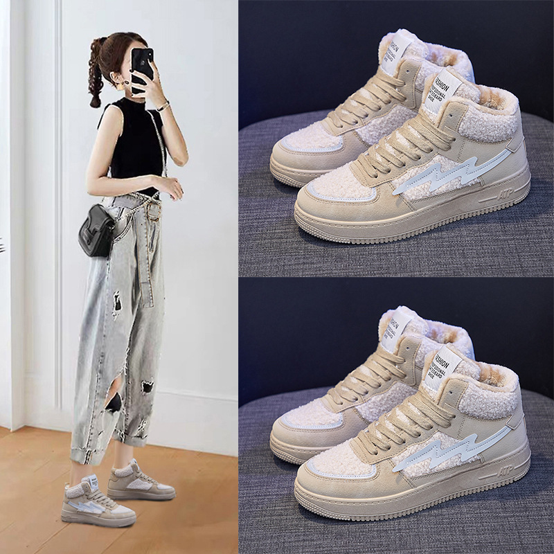 INS Fleece-Lined Warm High-Top Casual Shoes Women&#039;s 2020 Winter New Students Warm-Keeping Cotton-Padded Shoes Women&#039;s Korean-Style Running Shoes