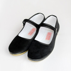 Old Beijing Cloth Shoes Women's Flat Cloth Shoes Mid Heel Flat Velvet Black Tie Dancing Shoes Hotel Work Shoes Wholesale