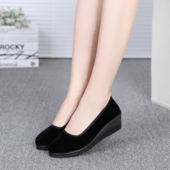 Old Beijing Cloth Shoes Women's Flat Cloth Shoes Mid Heel Flat Velvet Black Tie Dancing Shoes Hotel Work Shoes Wholesale