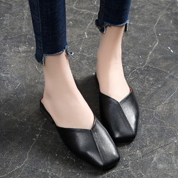 Baotou ban tuo xie Female 2020 Summer New Authentic Leather Square Toe All-Matching Flat Low Heel Sandals L Shoes 118