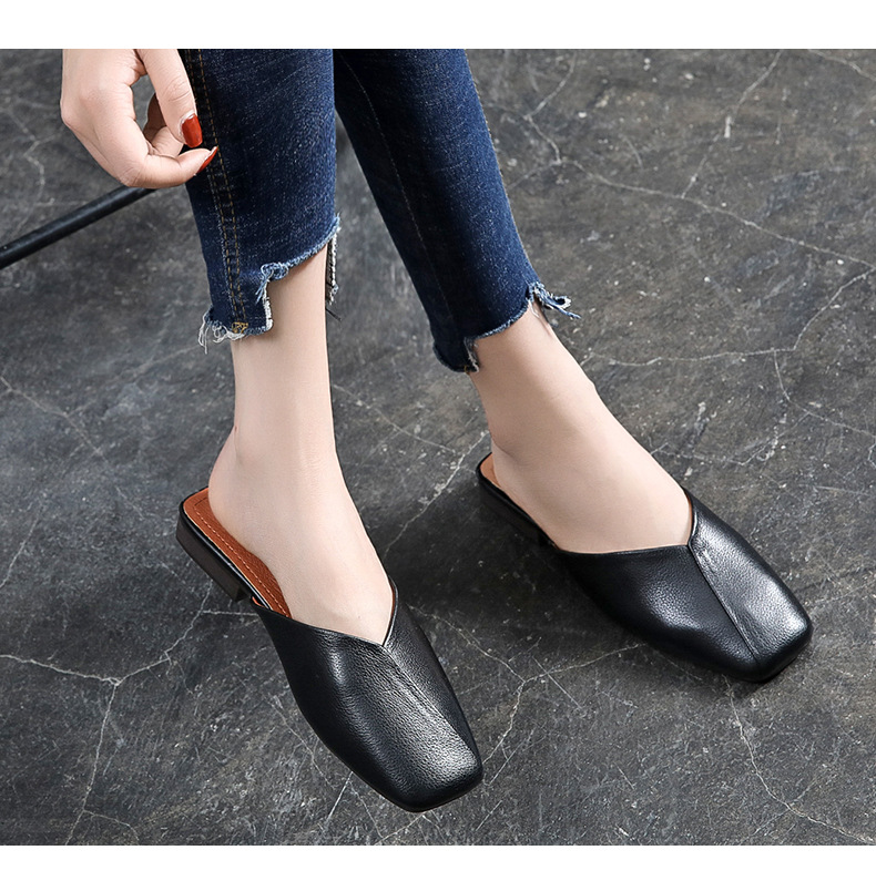 Baotou ban tuo xie Female 2020 Summer New Authentic Leather Square Toe All-Matching Flat Low Heel Sandals L Shoes 118 Baotou ban tuo xie Female 2020 Summer New Authentic Leather Square Toe All-Matching Flat Low Heel Sandals L Shoes 118