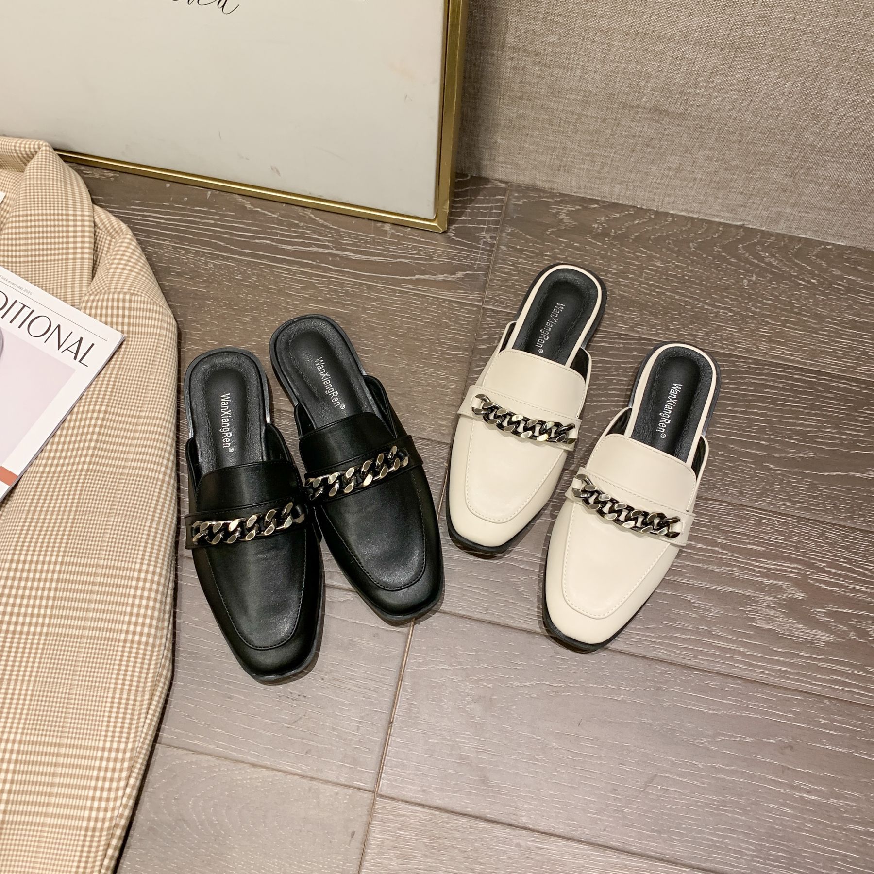 2022 Spring and Autumn New European and American Stylish Low Heel Semi Slipper Women&#039;s Shoes Internet Celebrity Chain Flat Slippers Foreign Trade 41