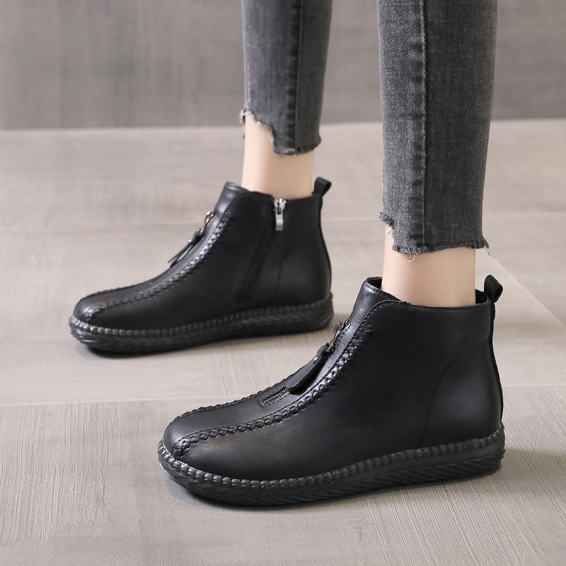 2021 Autumn and Winter New Stitching Side Zipper Cotton Shoes Fashion Martin Boots Low Tube Flat Heel Solid Color round Head Ankle Boots