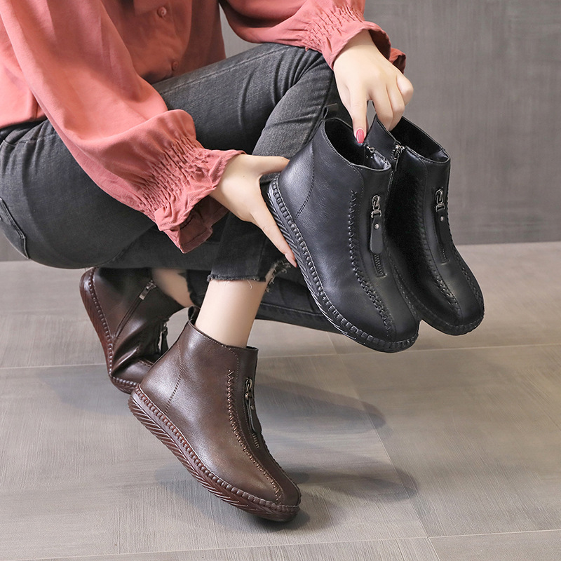 2021 Autumn and Winter New Stitching Side Zipper Cotton Shoes Fashion Martin Boots Low Tube Flat Heel Solid Color round Head Ankle Boots