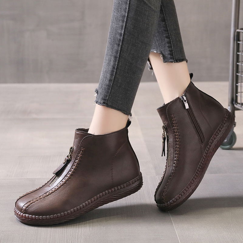 2021 Autumn and Winter New Stitching Side Zipper Cotton Shoes Fashion Martin Boots Low Tube Flat Heel Solid Color round Head Ankle Boots