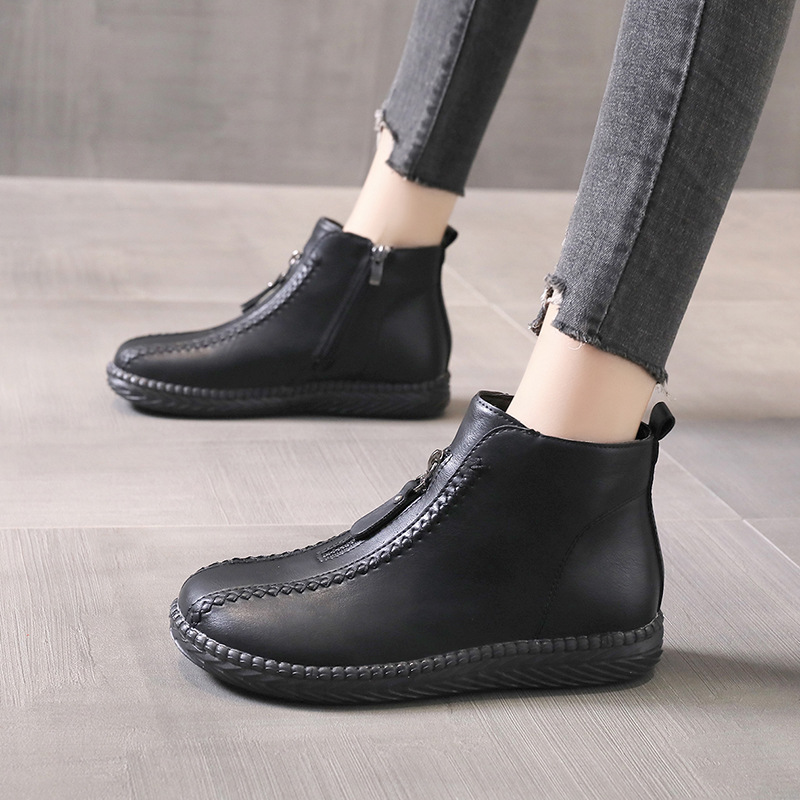2021 Autumn and Winter New Stitching Side Zipper Cotton Shoes Fashion Martin Boots Low Tube Flat Heel Solid Color round Head Ankle Boots