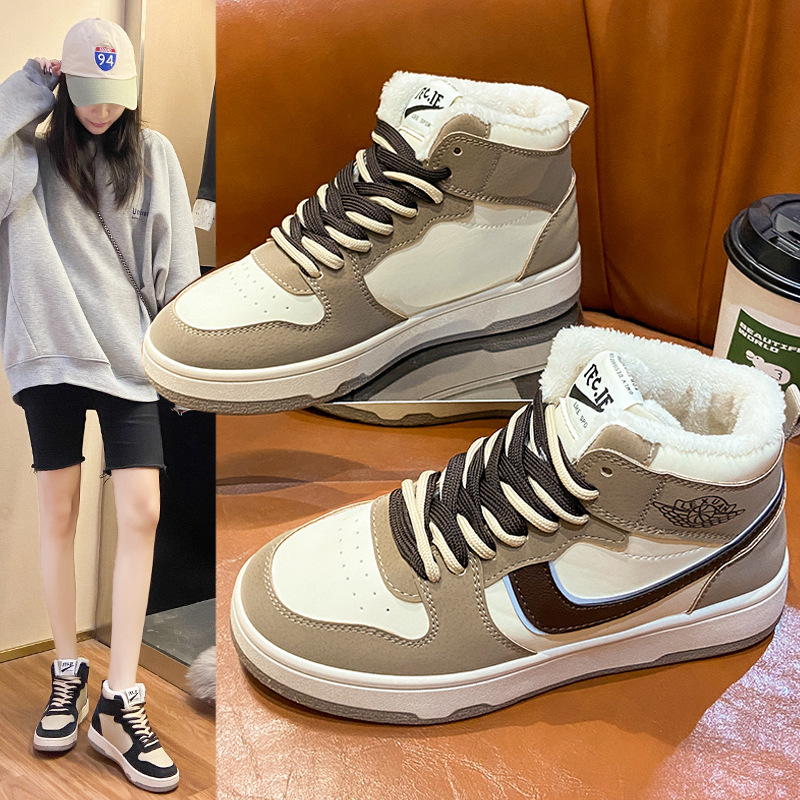 2021 Winter New Flat Heel Front Lace-up Daily round Toe Gray High-Top Artificial Fur Women&#039;s Shoes Color Matching Warm Casual Shoes