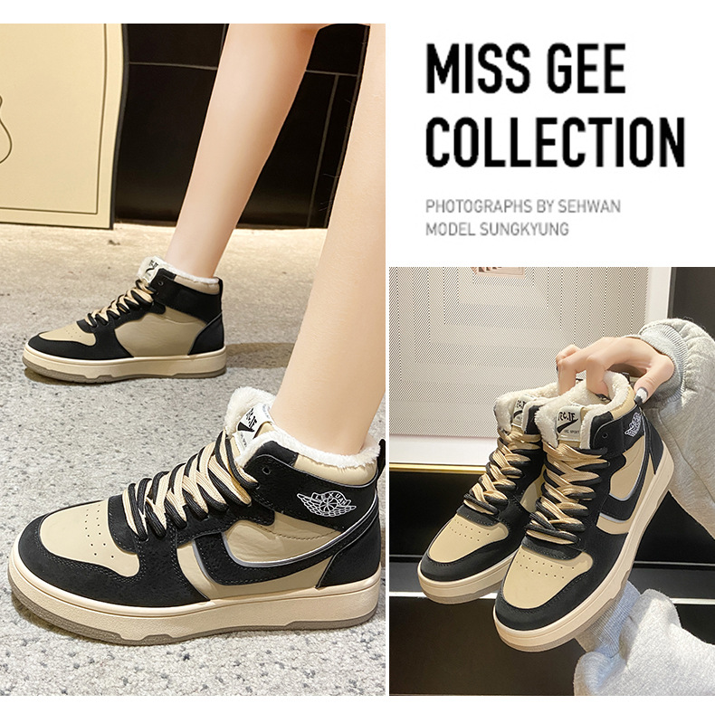 2021 Winter New Flat Heel Front Lace-up Daily round Toe Gray High-Top Artificial Fur Women's Shoes Color Matching Warm Casual Shoes
