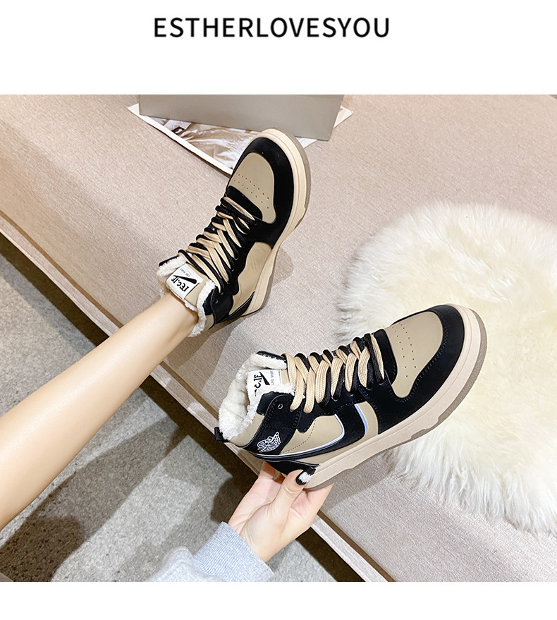 2021 Winter New Flat Heel Front Lace-up Daily round Toe Gray High-Top Artificial Fur Women's Shoes Color Matching Warm Casual Shoes