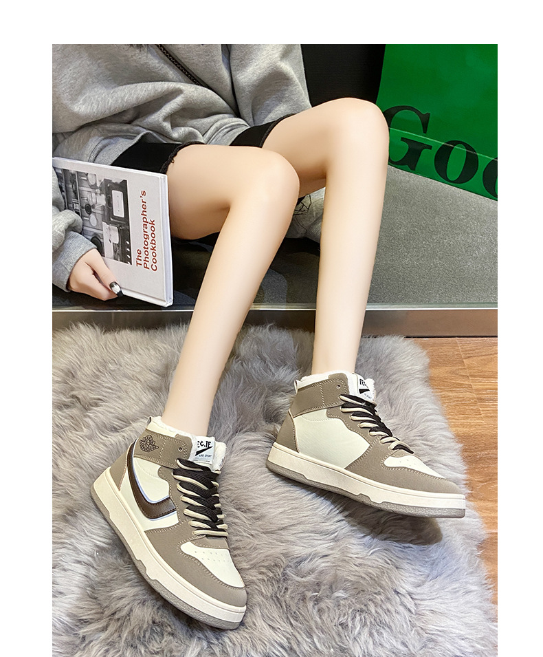 2021 Winter New Flat Heel Front Lace-up Daily round Toe Gray High-Top Artificial Fur Women's Shoes Color Matching Warm Casual Shoes