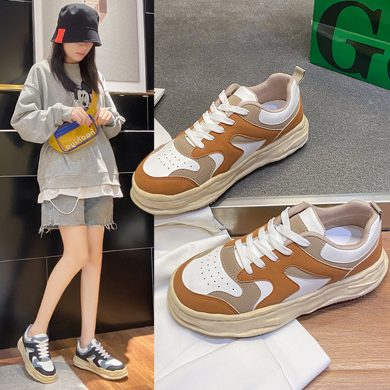 Fall 2021new Korean Style Ins Fashionable Thick Bottom Vintage Soft Bottom Colorblock Board Shoes Women Leisure Sports Shoes Women