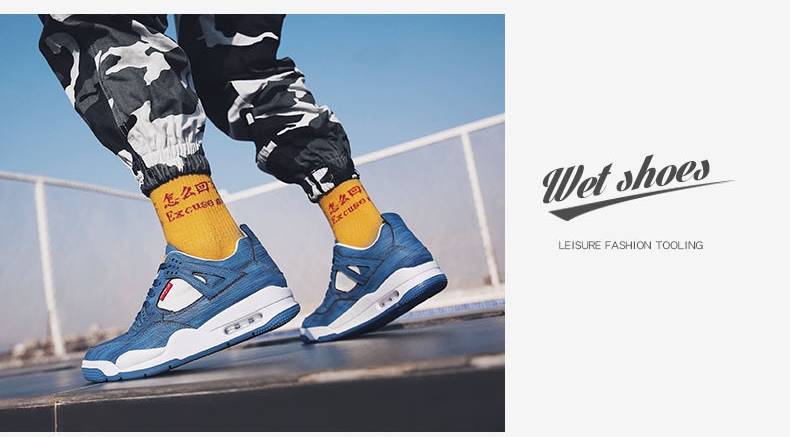 Autumn/winter AJ4 high top denim leather retro air cushion shoes Joe 4 men's sports shoes Autumn/winter AJ4 high top denim leather retro air cushion shoes Joe 4 men's sports shoes