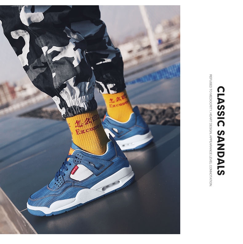 Autumn/winter AJ4 high top denim leather retro air cushion shoes Joe 4 men's sports shoes Autumn/winter AJ4 high top denim leather retro air cushion shoes Joe 4 men's sports shoes