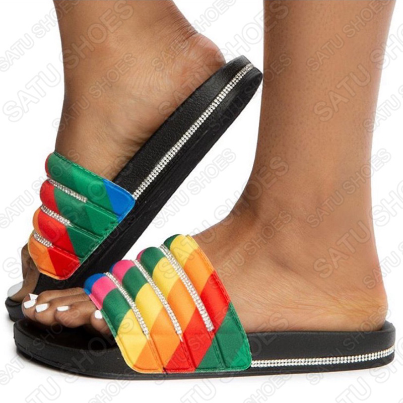 Factory Wholesale 2020 European and American Fashion Flat Rainbow Rhinestone Cross-Border Slippers Women&#039;s Outdoor Slipper