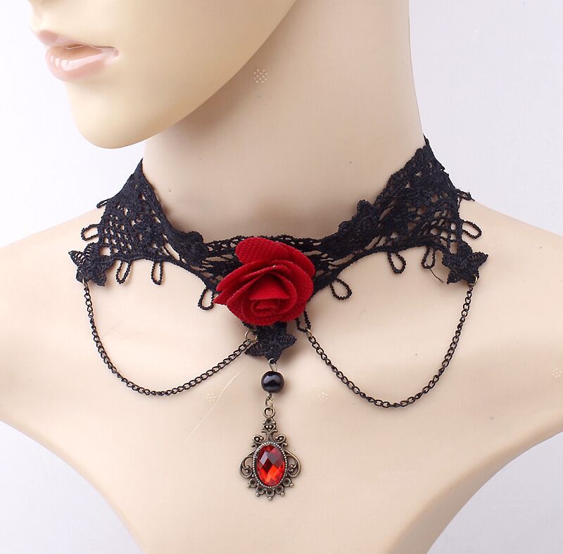 New Lace Necklace Popular Korean Style Lace Necklace Red Flower Clavicle Gem Pendant Sweater Chain Wholesale