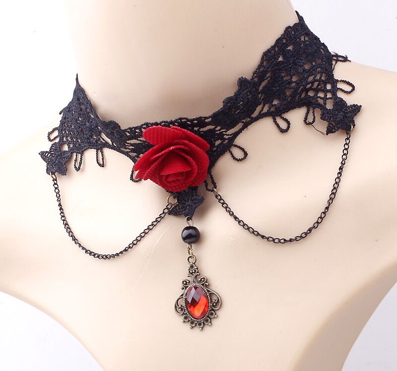 New Lace Necklace Popular Korean Style Lace Necklace Red Flower Clavicle Gem Pendant Sweater Chain Wholesale
