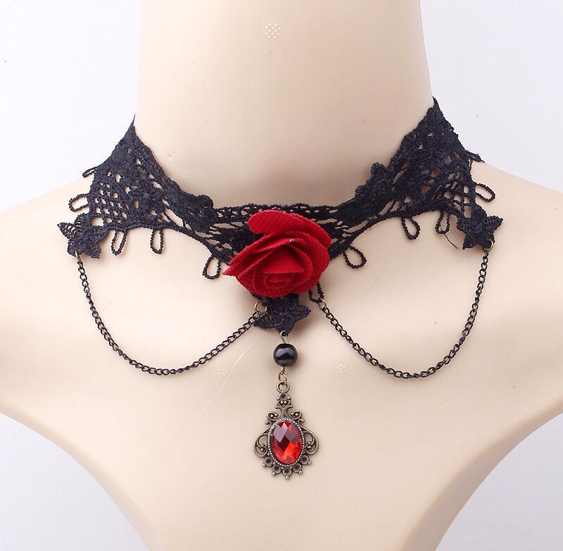 New Lace Necklace Popular Korean Style Lace Necklace Red Flower Clavicle Gem Pendant Sweater Chain Wholesale