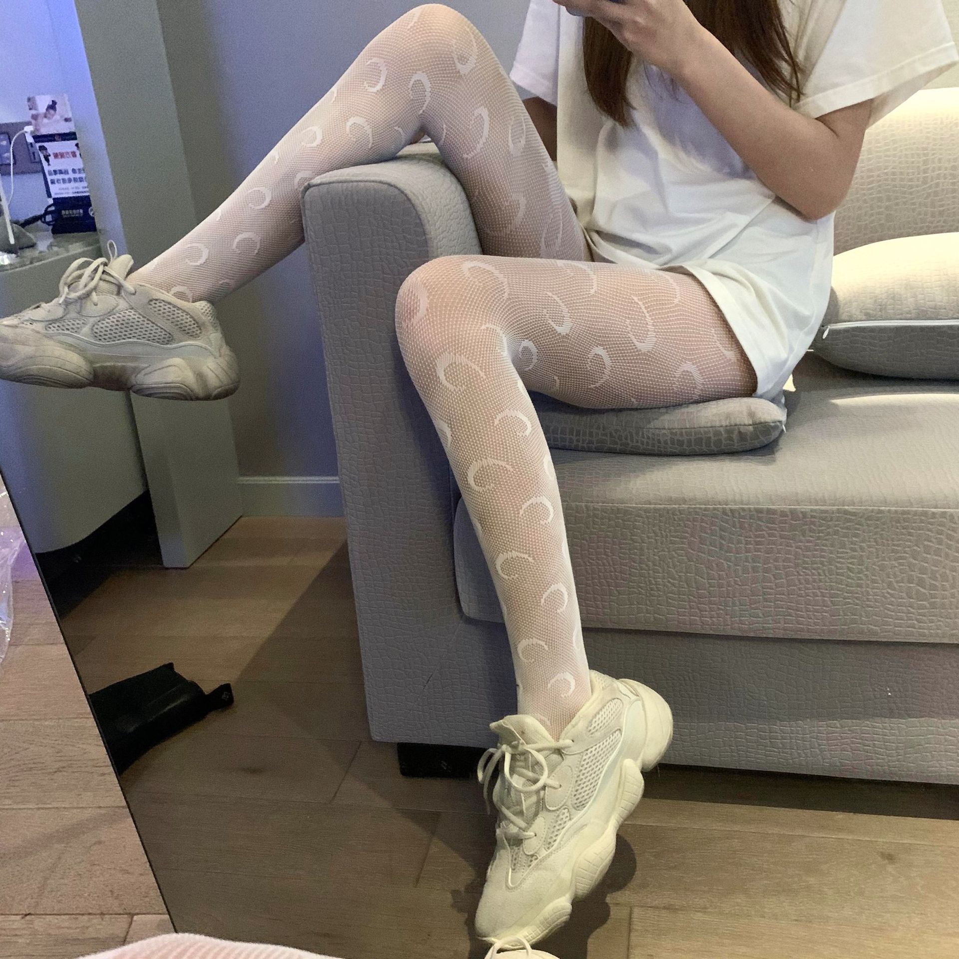 Spot Autumn Lace Mesh Stockings JK Black Silk Stockings Women&#039;s White Small G Moon Flower Bow Tie Pantyhose Fishnet Stockings Mesh Stockings
