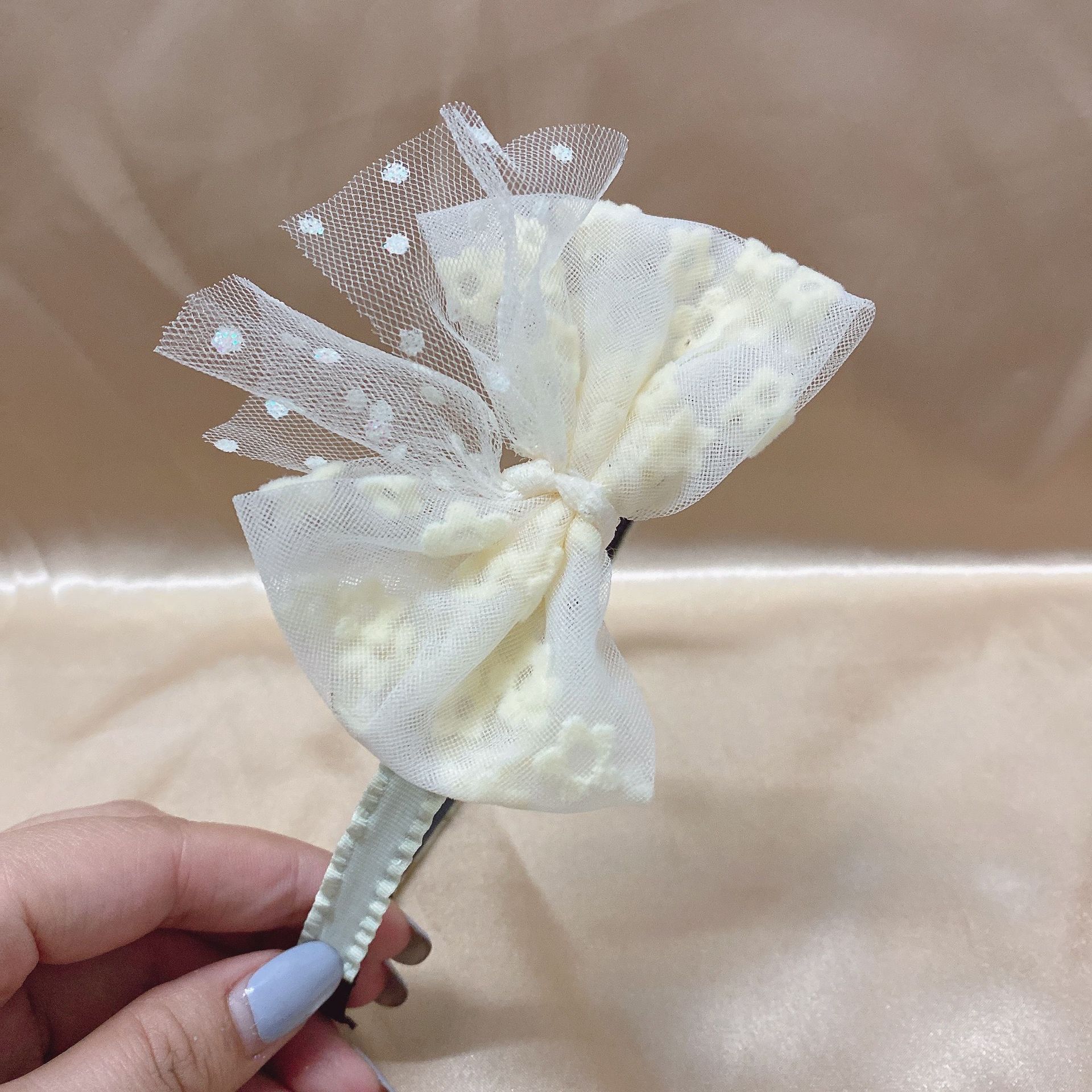 Girl Heart Student Net Yarn Flowers Bow Headband Wooden Ear Non-Slip Lace Toothed Headband Factory Direct Sales