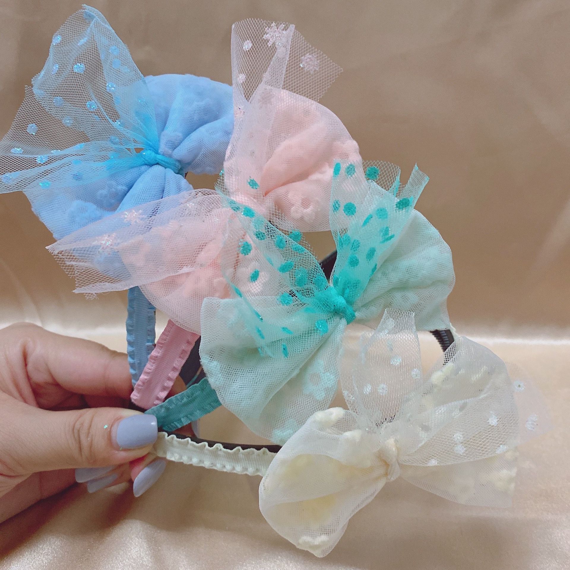 Girl Heart Student Net Yarn Flowers Bow Headband Wooden Ear Non-Slip Lace Toothed Headband Factory Direct Sales