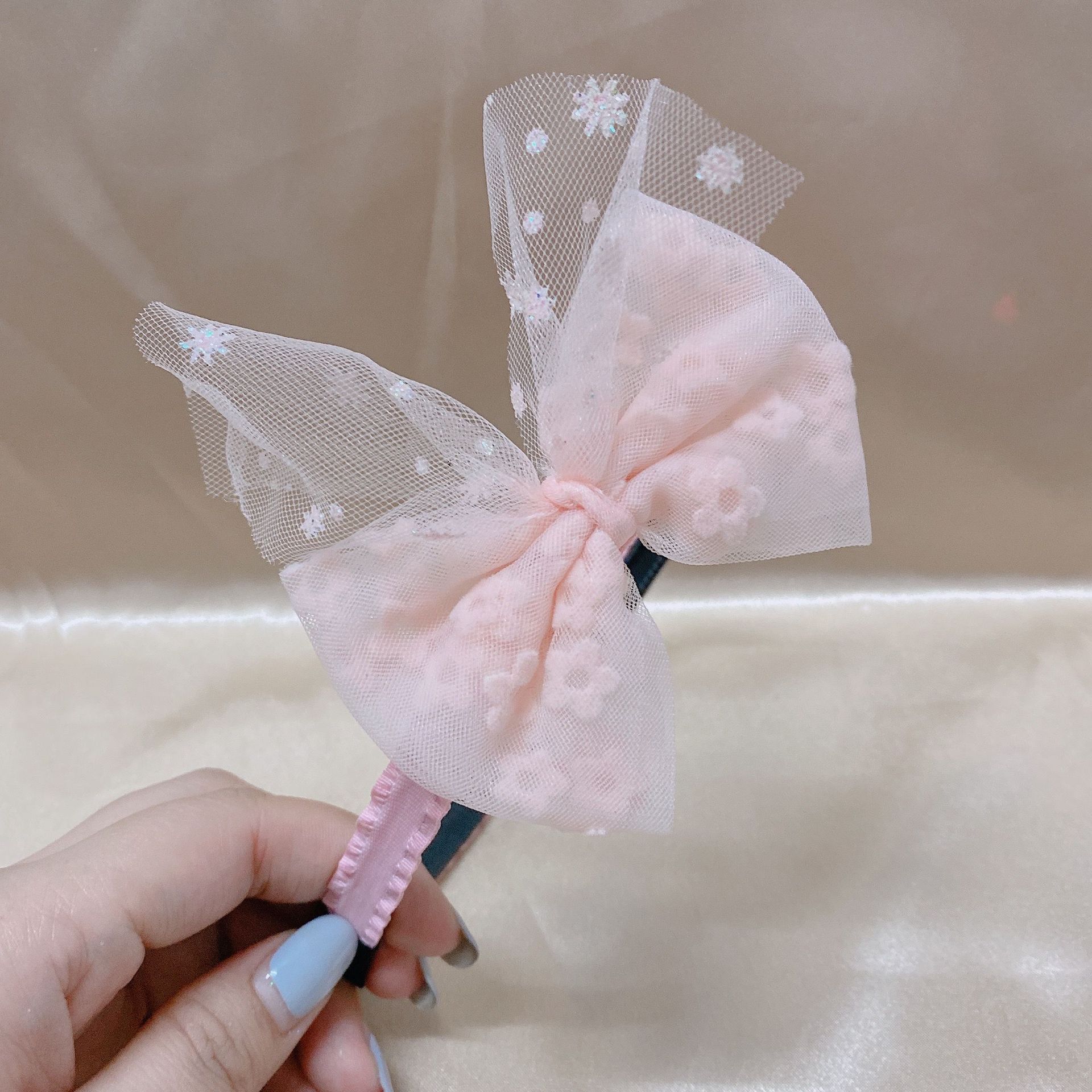 Girl Heart Student Net Yarn Flowers Bow Headband Wooden Ear Non-Slip Lace Toothed Headband Factory Direct Sales