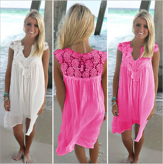 dress with cutout Hook flower Beach dress sexy lace patchwork dress Chiffon dress with cutout hook flower Beach dress
