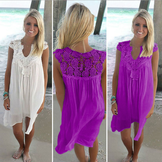 dress with cutout Hook flower Beach dress sexy lace patchwork dress Chiffon dress with cutout hook flower Beach dress