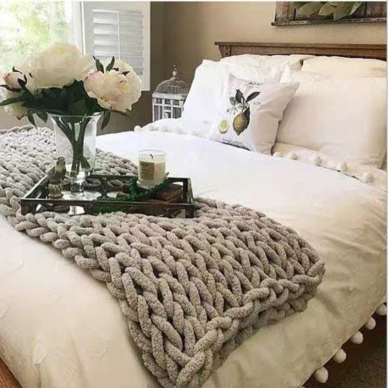 INS Chenille Thick Wool Knitted Blanket Handmade Woven Blanket Nordic Wish Sofa Blanket Thick Thread Bar Knitted Blanket
