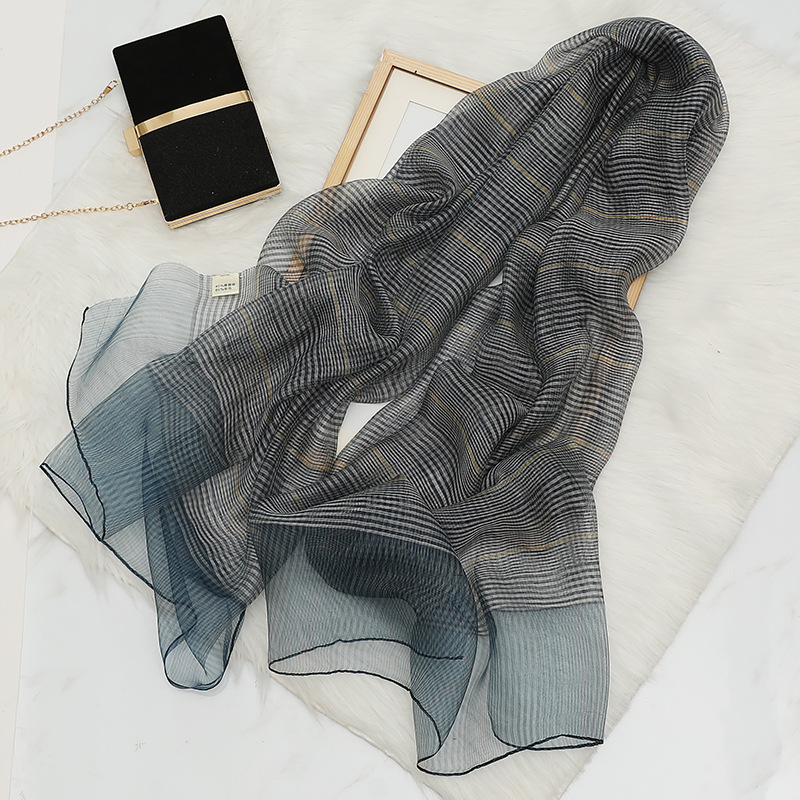 Gold Thread Plaid Mulberry Silk Wool Scarf for Women Spring and Autumn New Gray Lightweight Fashionable Travel Sun Protection Silk Scarf