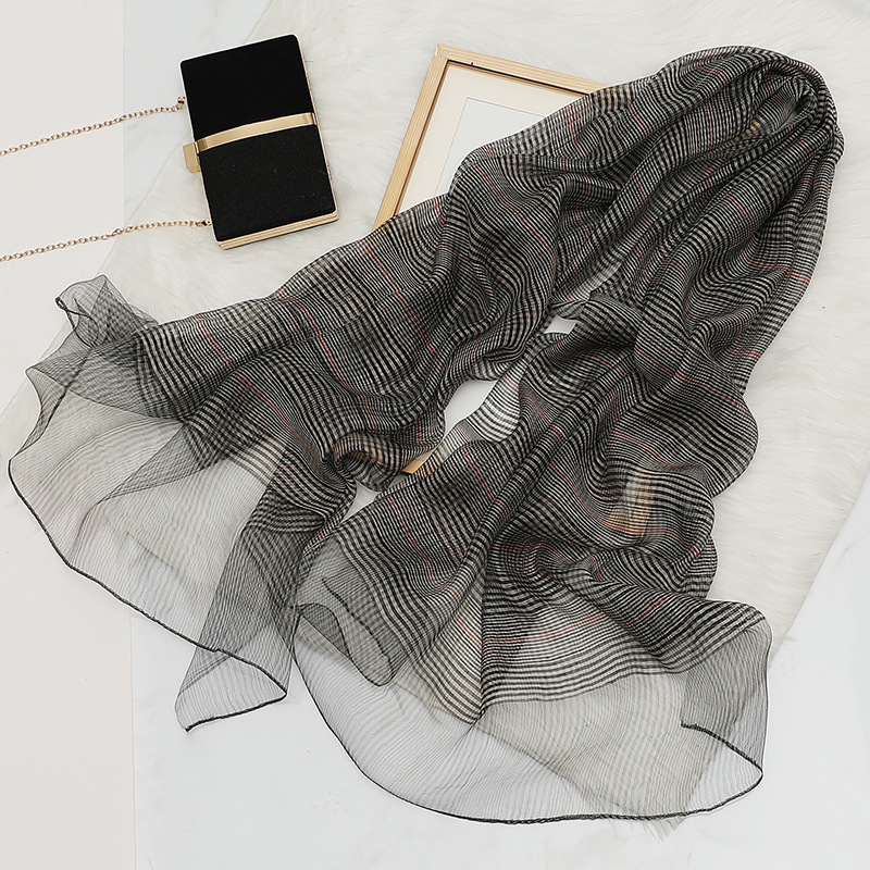 Gold Thread Plaid Mulberry Silk Wool Scarf for Women Spring and Autumn New Gray Lightweight Fashionable Travel Sun Protection Silk Scarf