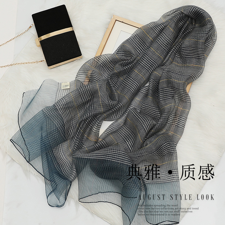 Gold Thread Plaid Mulberry Silk Wool Scarf for Women Spring and Autumn New Gray Lightweight Fashionable Travel Sun Protection Silk Scarf
