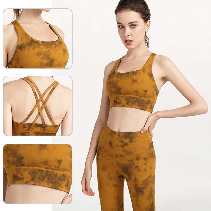 European and American Nude Feel Sports Underwear Women's Tie-Dyed High-Strength Shockproof Yoga Push up Bras Shaping Cross Beauty Back Bra