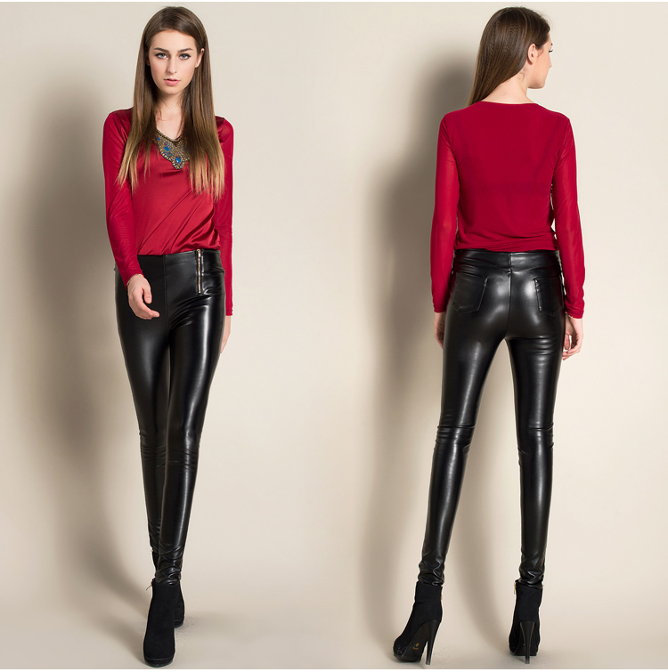 The new high waist tight leather pants PU backing female trousers thin pencil pants feet The new high waist tight leather pants PU backing female trousers thin pencil pants feet