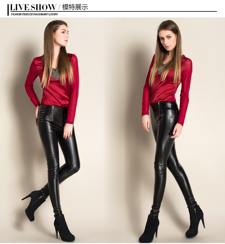 The new high waist tight leather pants PU backing female trousers thin pencil pants feet The new high waist tight leather pants PU backing female trousers thin pencil pants feet