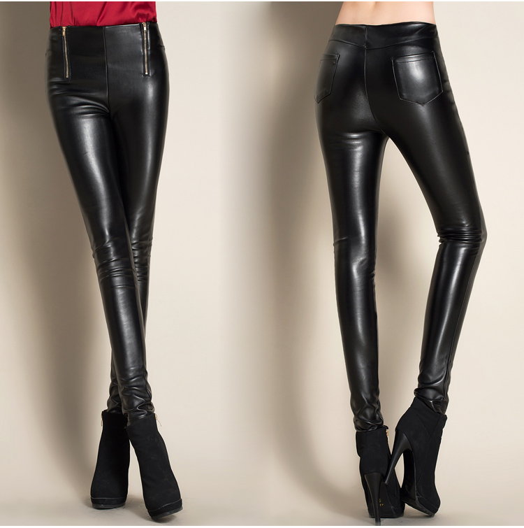The new high waist tight leather pants PU backing female trousers thin pencil pants feet The new high waist tight leather pants PU backing female trousers thin pencil pants feet