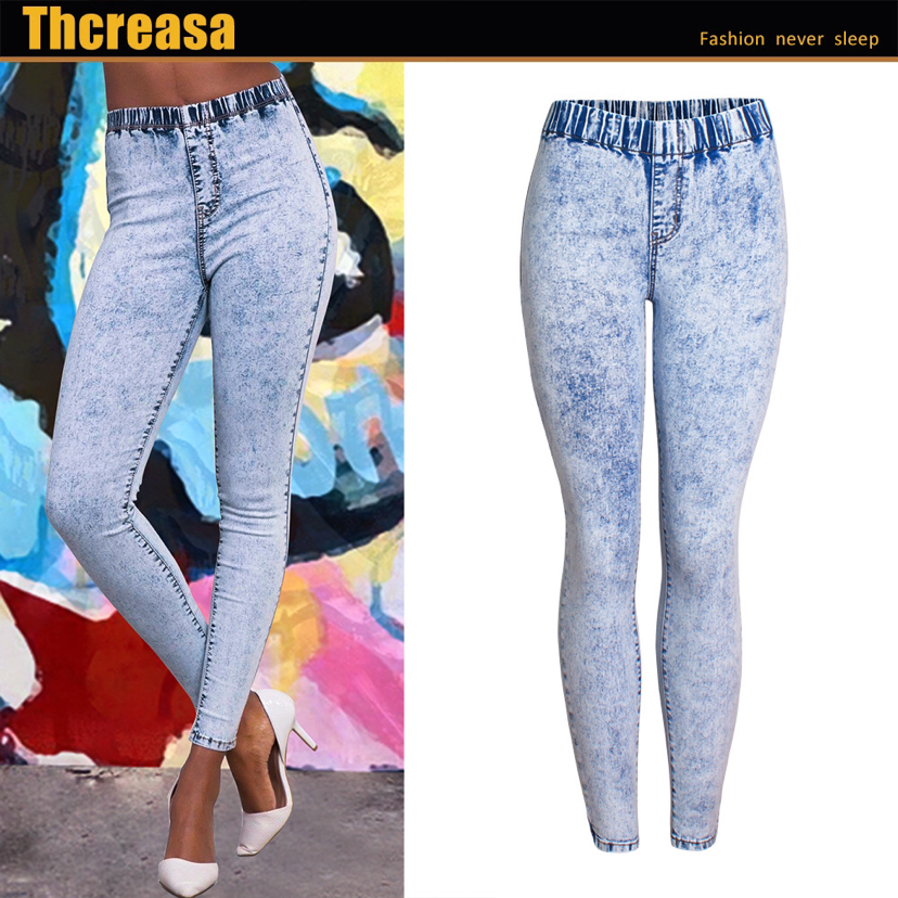 American Hot Style Women's Snowflake Washing Water Elastic waist slim feet jeans pants medium high waist pencil pants American Hot Style Women's Snowflake Washing Water Elastic waist slim feet jeans pants medium high waist pencil pants