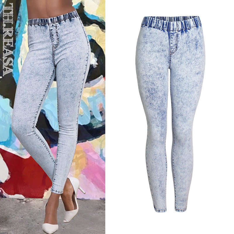 American Hot Style Women's Snowflake Washing Water Elastic waist slim feet jeans pants medium high waist pencil pants American Hot Style Women's Snowflake Washing Water Elastic waist slim feet jeans pants medium high waist pencil pants